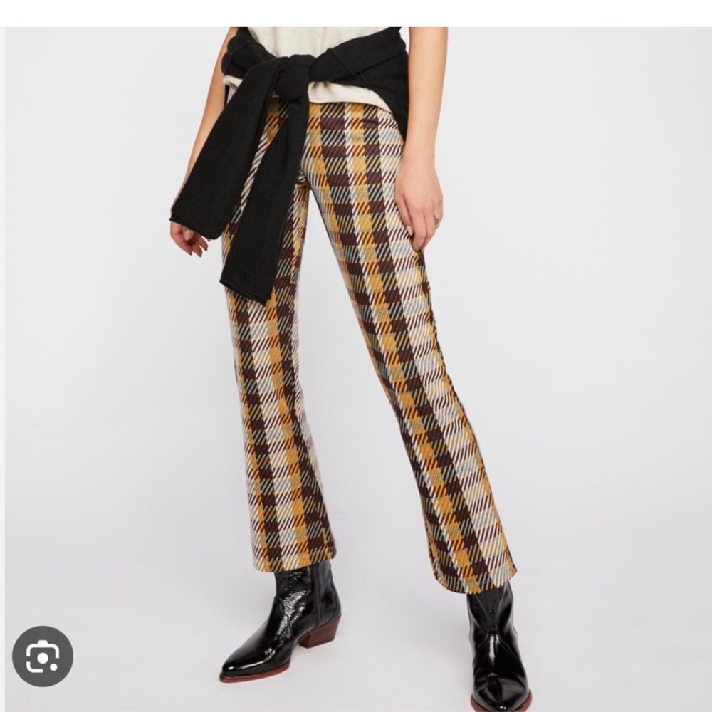 Free people yellow and burgundy patterned kick flare pants with side zipper
